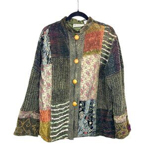 Vintage Flashback Patchwork Boho Jacket Women's Size M Tapestry Green Button Up